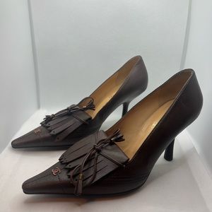 CHANEL CC Women’s Brown Leather Pumps Heels Shoes Size 37.5 Brand New Authentic